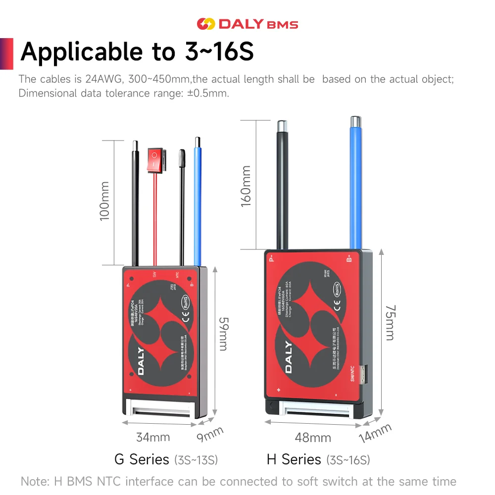Daly Bms 4S Lifepo4 8S 24V 10S 36V 13S 48V with BMS Switch Li-ion 3S 7S 12S 14S 16S 15A 20A 40A 60A bms for Lithium Battery EV