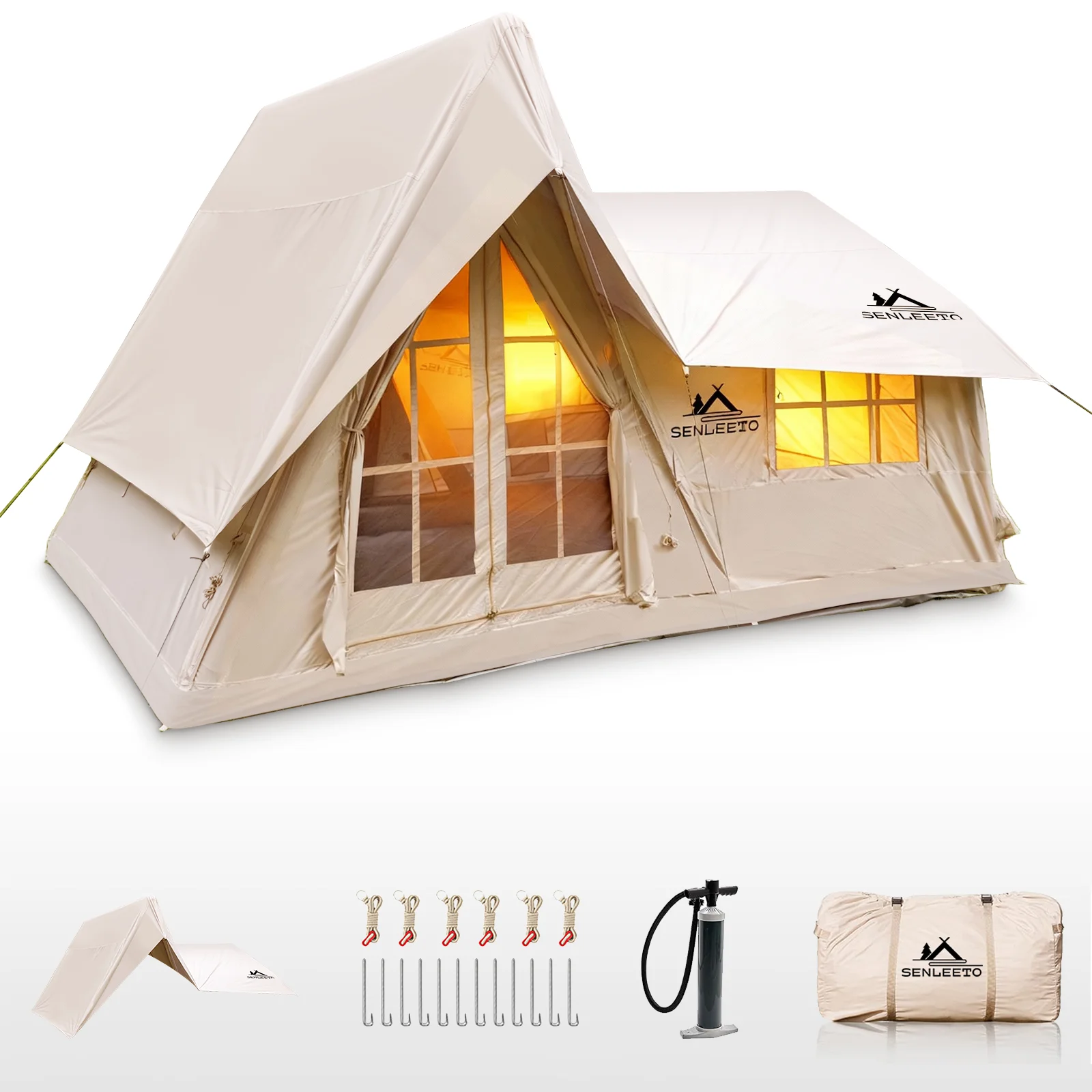 

6-8 Person Large Inflatable Camping Tent, 4 Season Blow Up Tents with Rainfly, Luxury Inflatable Tent House with Stove Jack
