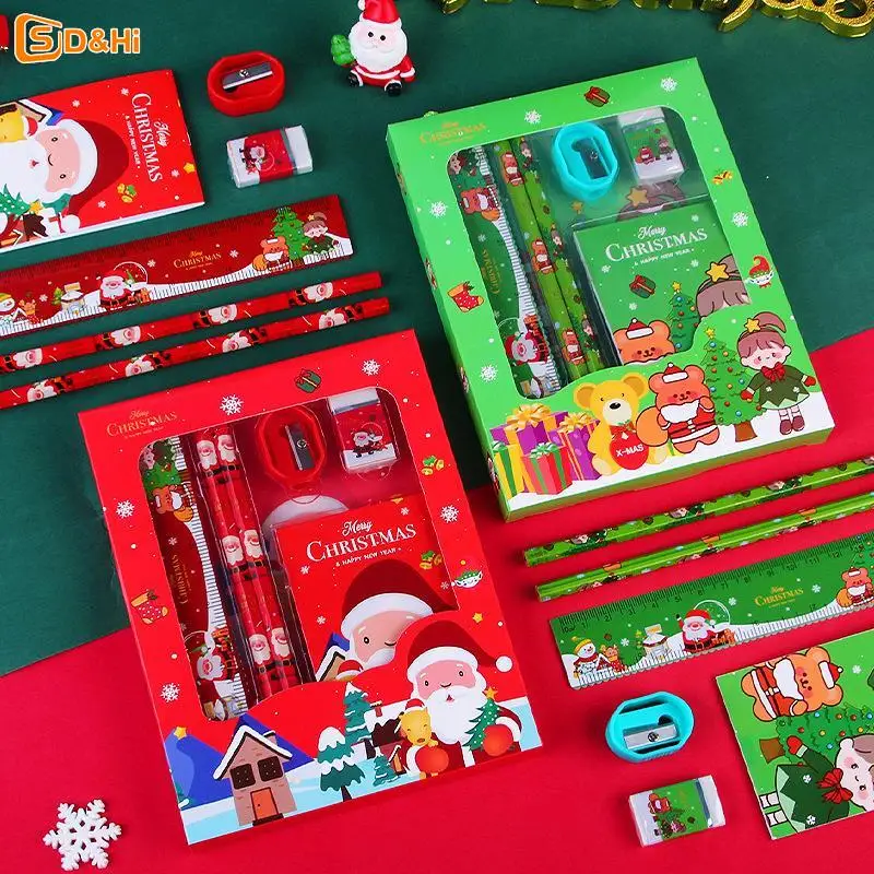 6Pcs/set Christmas Series Kids Stationery Students Ruler Pencil Eraser Pencil Sharpener Notepad Kit School Rewards Supplies