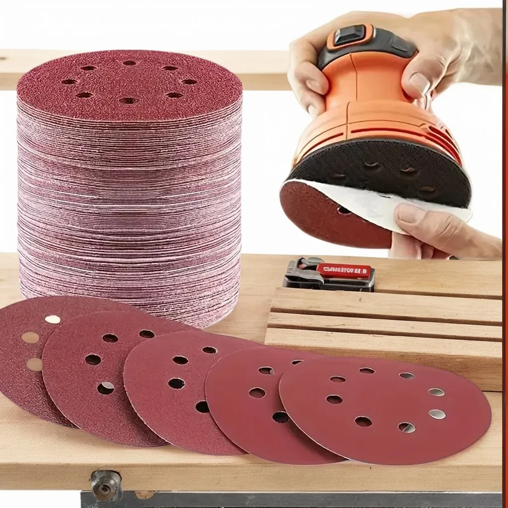 

5-дюймовые шлифовальные диски из оксида алюминия с зернистостью 80 — крючок и петля с 8 отверстиями для воздушной шлифовальной машины, наждачная бумага из красного бархата для полировки металла/дерева