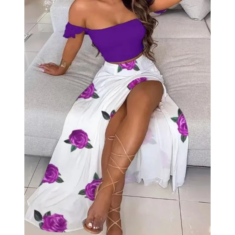 2024 Summer New Women\'s Clothing Fashion Sexy Digital Floral-Print off-Shoulder Split Dress Two-Piece Set