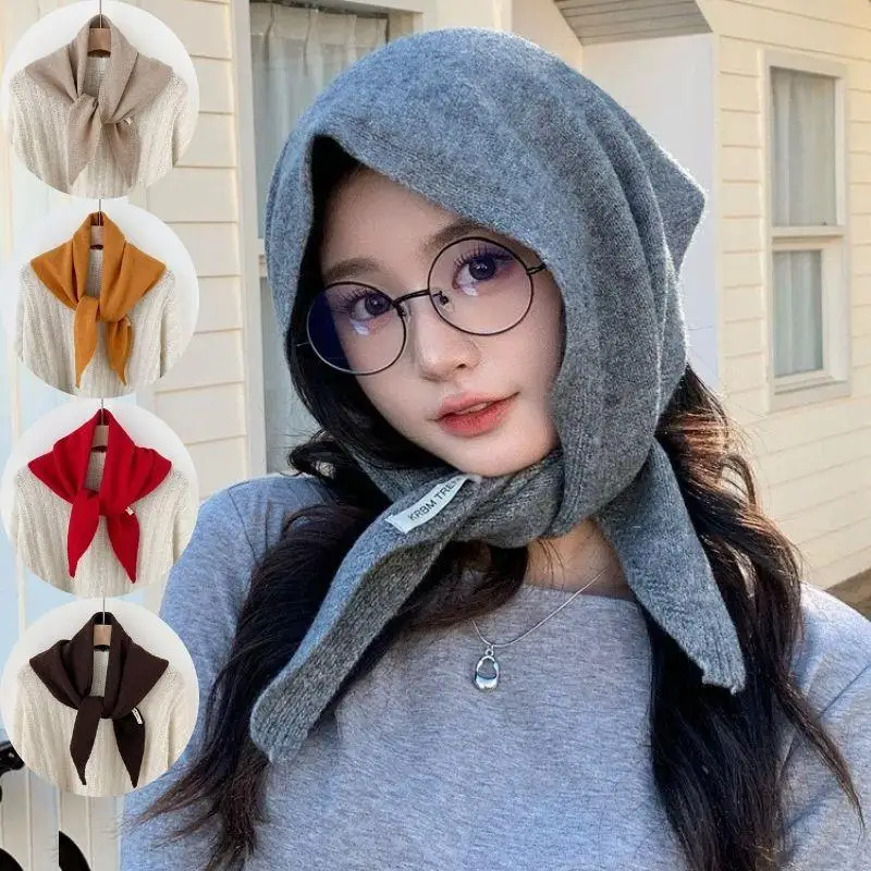 

Korean Winter Wool Knit Triangle Scarf Wrap Shawl Multifunctional Head Scarf Warm Scarf Female Pashmina Bandana Head Scarves