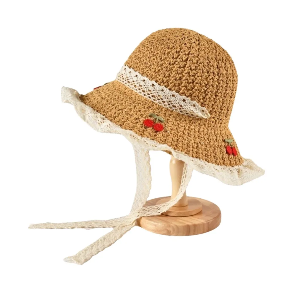 Retro Czapka Damska z Haftowanymi Wiśniami, Koronkowa, Jednokolorowa, Słomkowa Kapelusz Rybacki w Stylu Koreańskim, Składana Tkana Czapka typu Bucket na Plażę