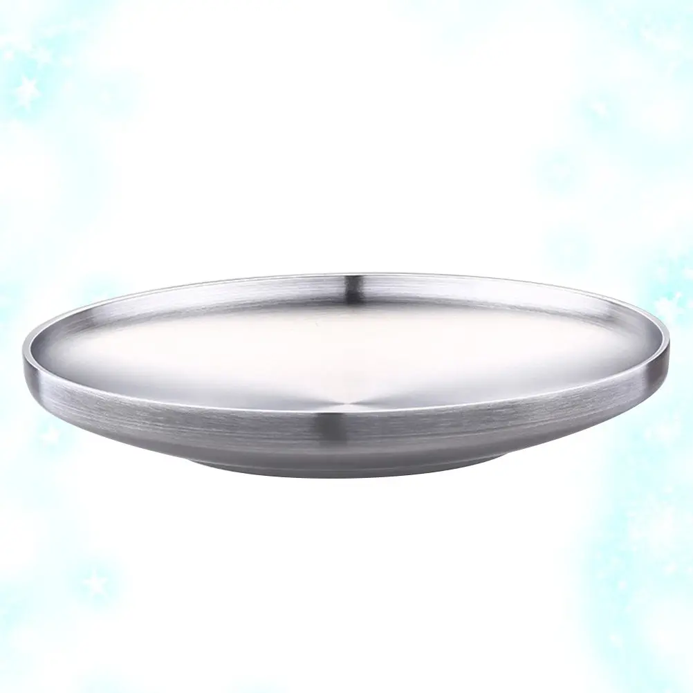 304 Stainless Steel Double Wall Round Dish Shallow Plate Wire Drawing Finish Non Slip Bottom Heat Insulated Lightweight 19Cm