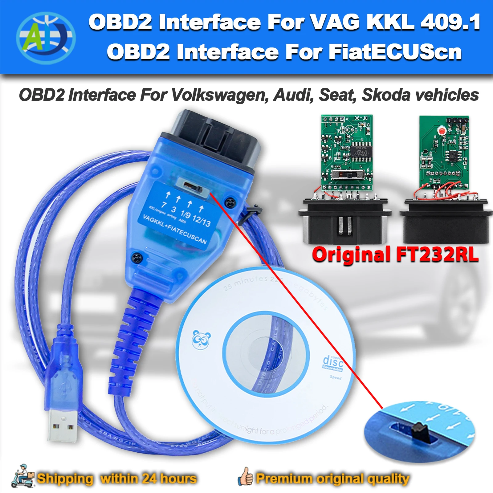Auto Engine ECU Scanner For VAG KKL Original FTDI FT232RL OBD2 USB Interface For 409 FIATECUSCAN OBDII Diagnostic Tool for VAG