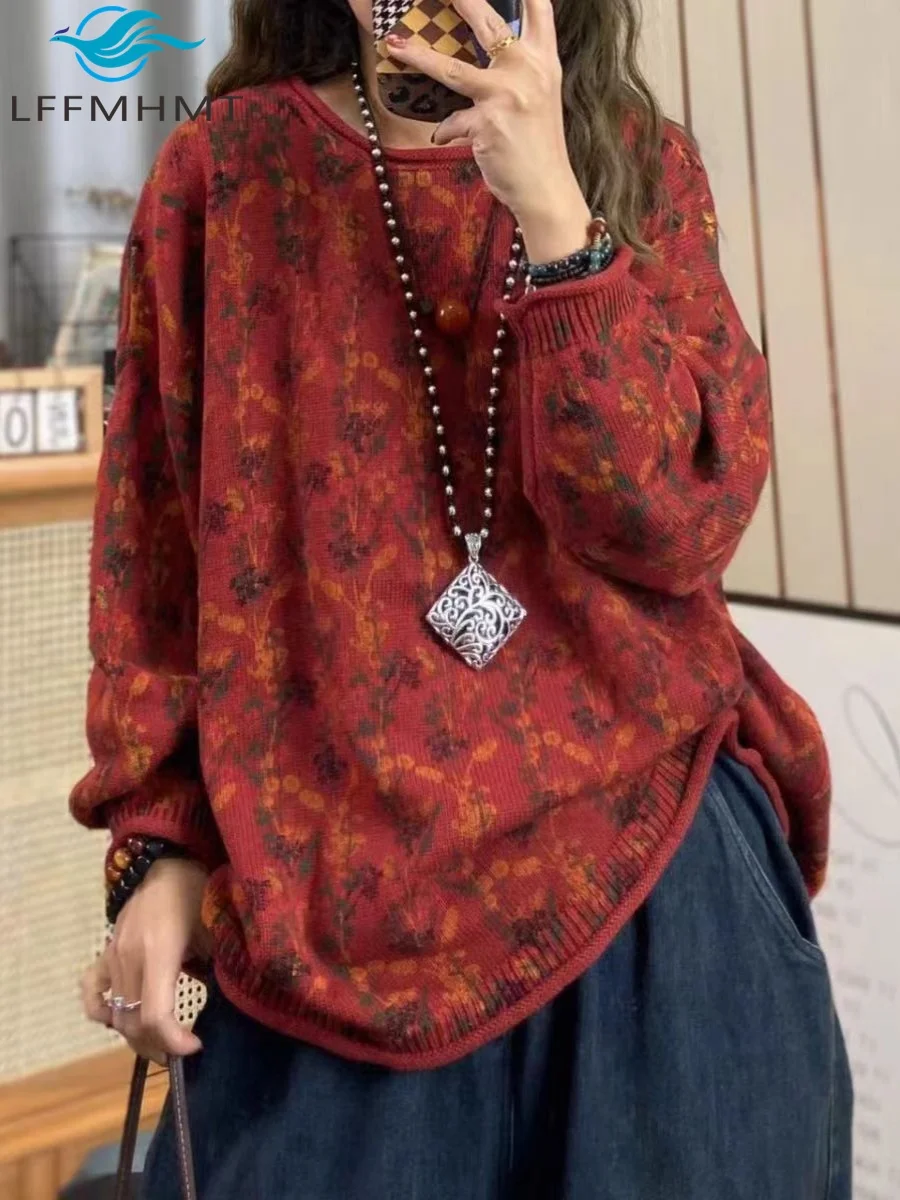 Women's Vintage Sweater for Spring Autumn Good Quality Soft Comfortable Round Neck Long Sleeve Cotton Yarn Knitwear Pullovers