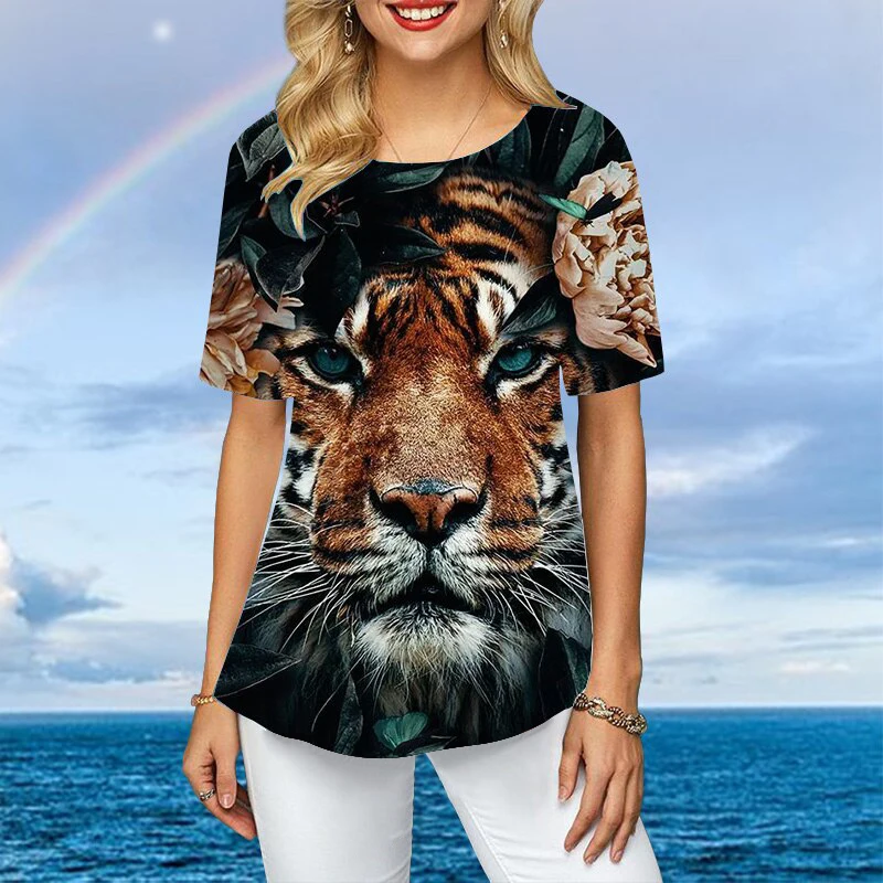 Women Plus Size Ladies Tee Short Sleeve T Shirts Colorful Tiger 3d Print Loose Casual Tops Female Irregular Summer Clothes