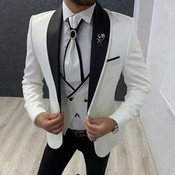 Esmoquin blanco ajustado para boda, de 3 piezas con pantalones negros traje de novio, conjunto de moda, chaqueta, chaleco