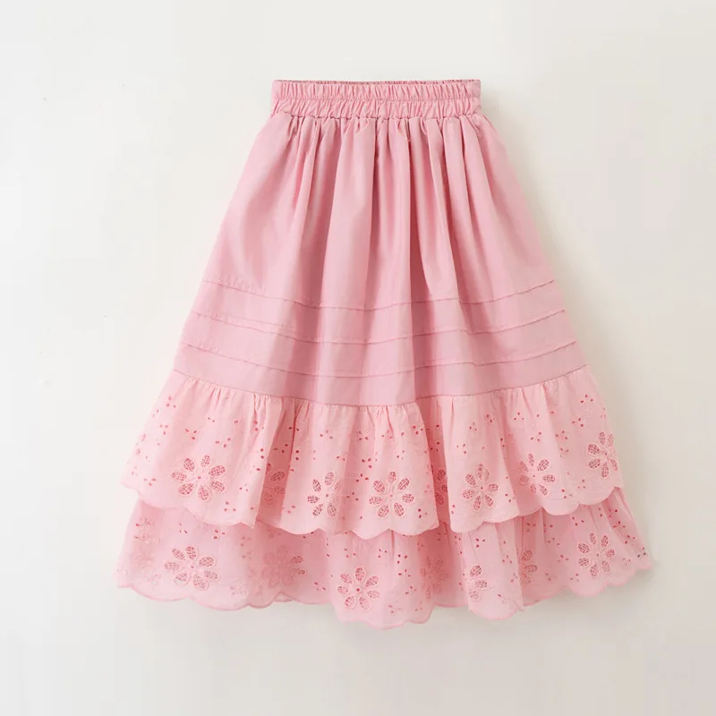 Elegant Girl Skirt Long Tween Girls Lace Tiered Midi Skirt A-Line Broderie Anglaise Ruffle Skirt Kids Clothes Big Size Teenager