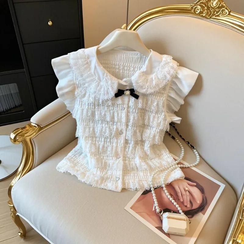 أنيقة الحلو الدانتيل المرقعة القوس قميص المرأة اليابان الكورية نمط Blusas Mujer الصيف موضة المرأة البلوزات قميص فام