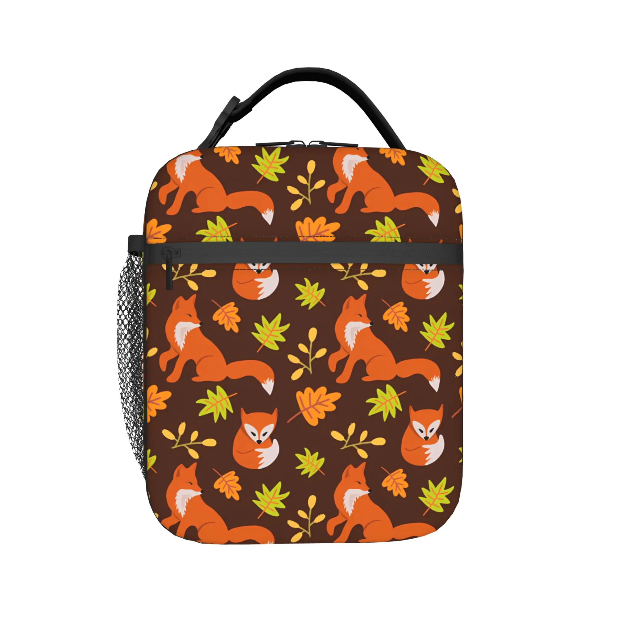 Cute Foxes Brown Autumn Leaves Lunch Bag Casual Outdoor Picnic Lunch Box Graphic Design Portable Zipper Thermal Tote Handbags