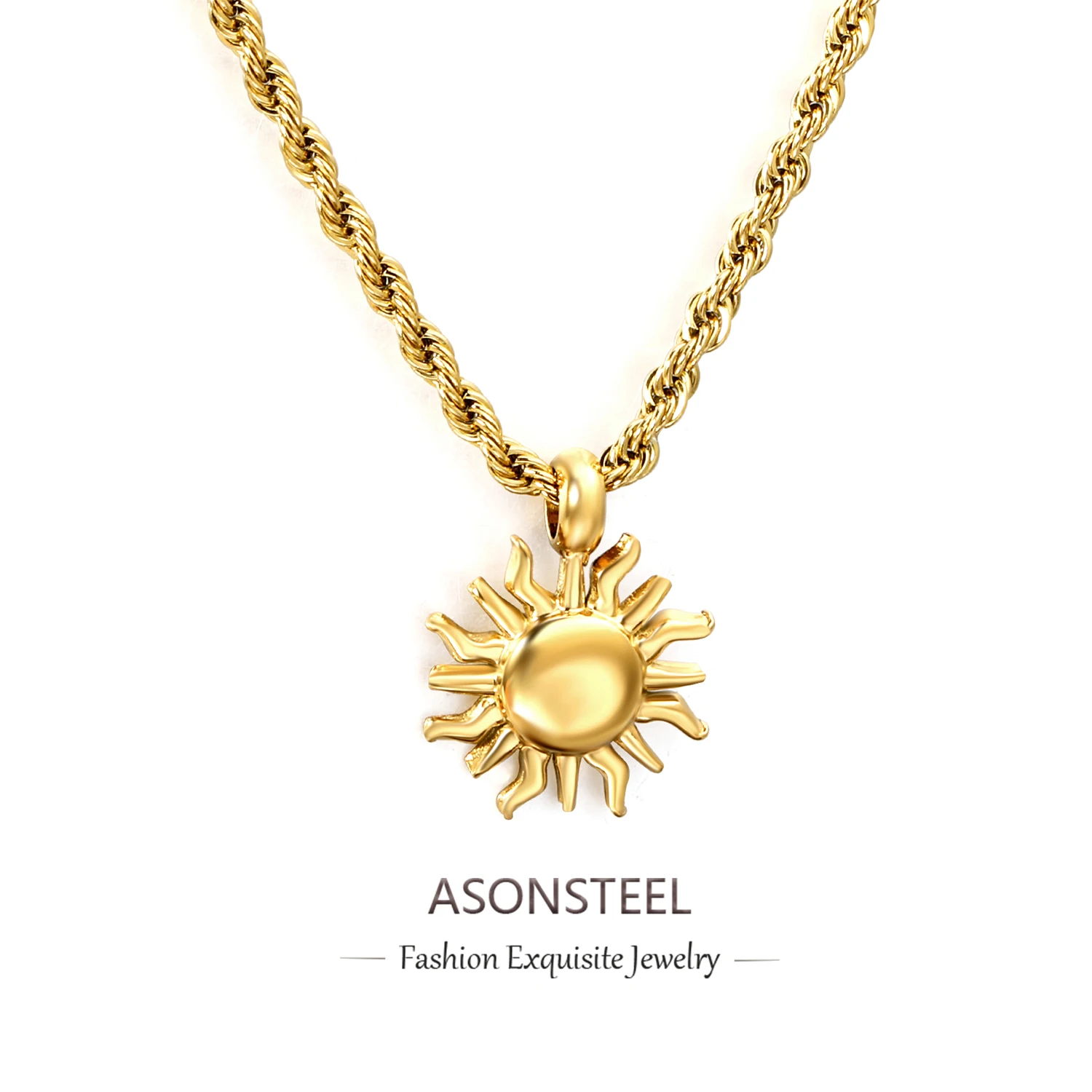ASONSTEEL Halskette mit Guss-Sonnen-Anhänger aus 18 Karat vergoldetem Edelstahl, wasserdicht, Metallstruktur, trendiger Schmuck, schlichte Mode