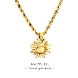 ASONSTEEL 18K Gold Plated Stainless Steel Casting Sun Pendant Necklace Waterproof Metal Texture Trendy Jewelry Simple Fashion