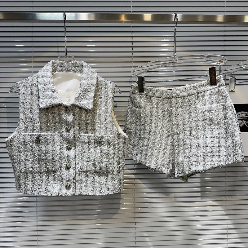 ภาษาฝรั่งเศสคํา Single-breasted Sequined ทอสั้นเสื้อกั๊กผู้หญิงเพชร-encrusted กางเกงขาสั้น 2 ชิ้นชุดอารมณ์ Socialite Party ชุด