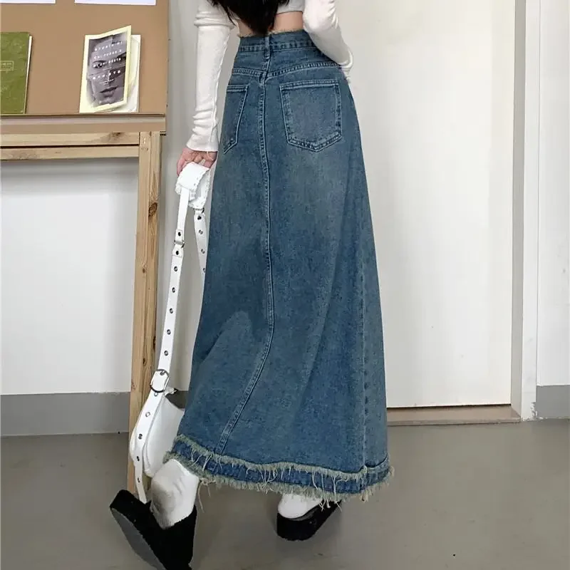 Deeptown Denim Skirt Vintage Women Elegant Fashion Autumn Long Jean Skirt Retro High Waist Streetwear Slim Up A-line Midi Skirts