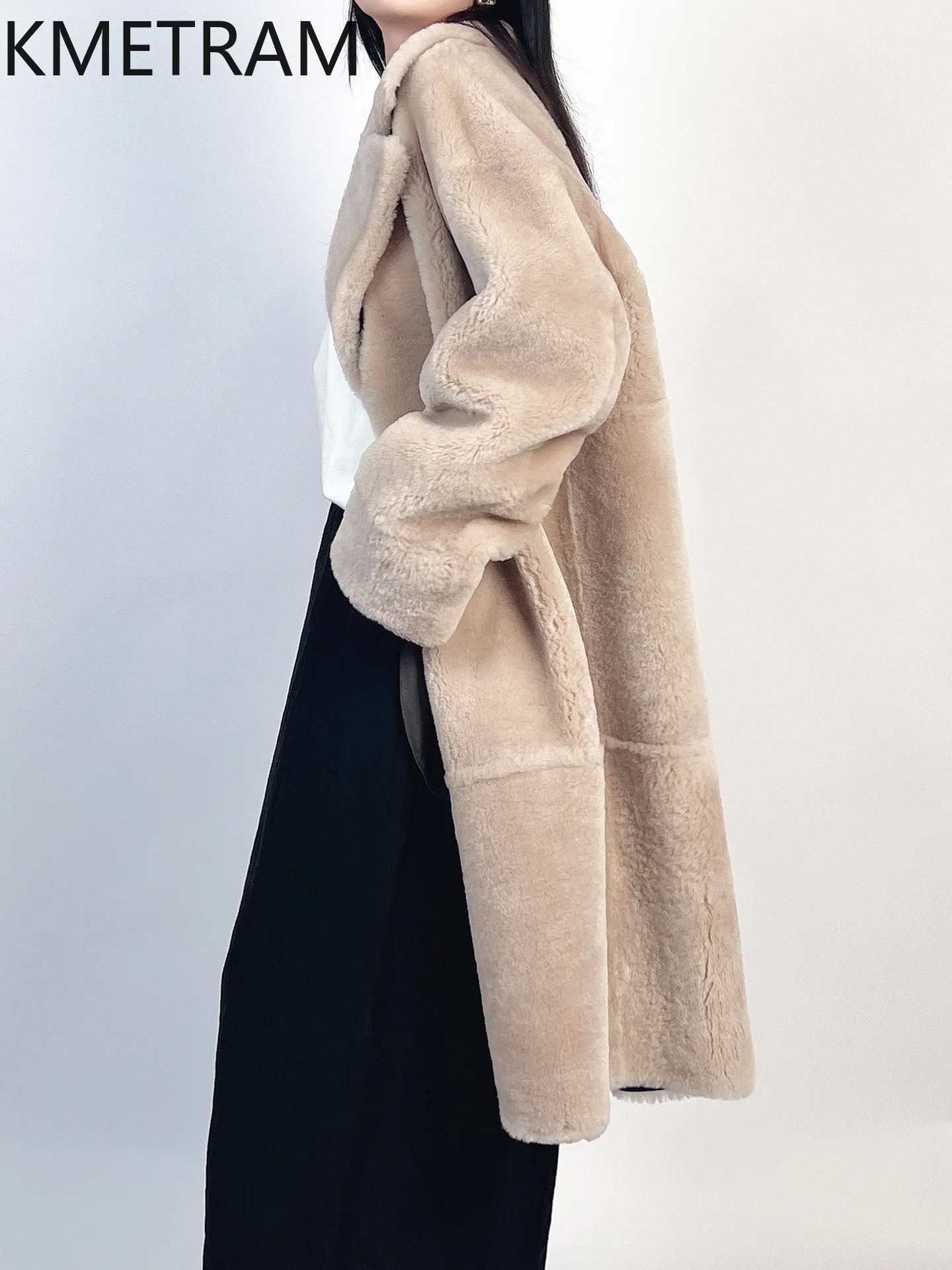 KMETRAM جلد الغنم ميرينو الطبيعي مع معطف مرفق من الصوف سترة طويلة من الفرو الحقيقي ملابس نسائية شتوية