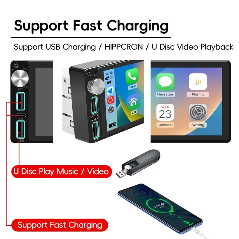 HIPPCRON Car Radio 6.86" Wireless Carplay Android Auto 1Din Car Stereo Multimedia Video BT5.0 FM USB Type-C Charge MP5 Player