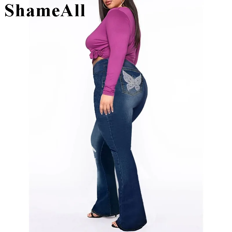 

Women's Plus Size Jeans With Butterfly Embroidered Pockets, Women's Plus Ripped Button Up Flared Leg Jeans