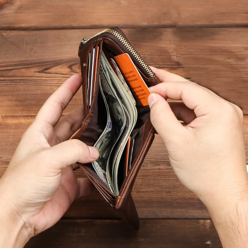 HTS-M1307 تتفاعل مكافحة سرقة فرشاة رئيس طبقة جلد البقر الرجال المحفظة الرجعية عارضة سستة محفظة نسائية للعملات المعدنية