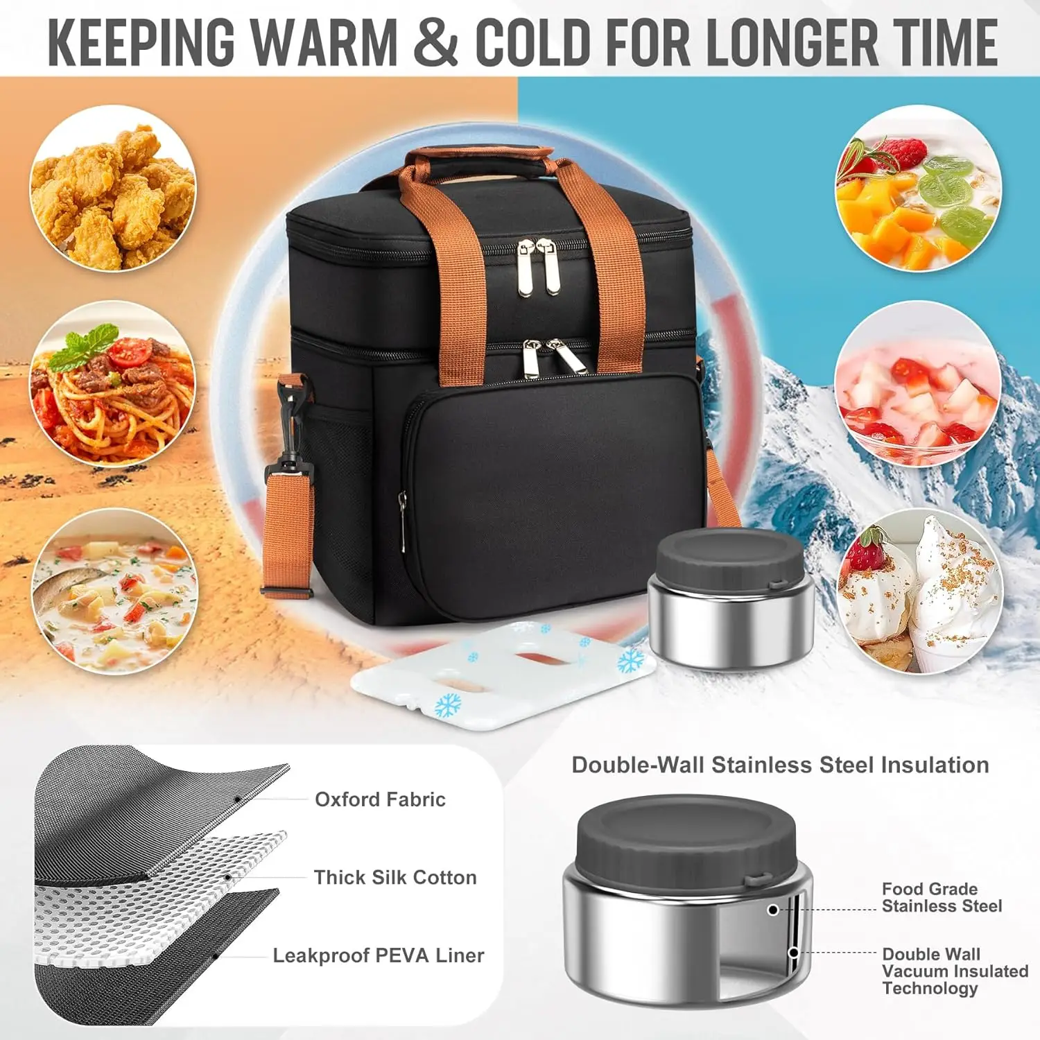 صندوق غداء معزول مكون من 4 أقسام مع حاويات مانعة للتسرب، ترمس طعام ساخن وبارد للبالغين والأطفال، حقيبة تبريد مع عبوة ثلج #5