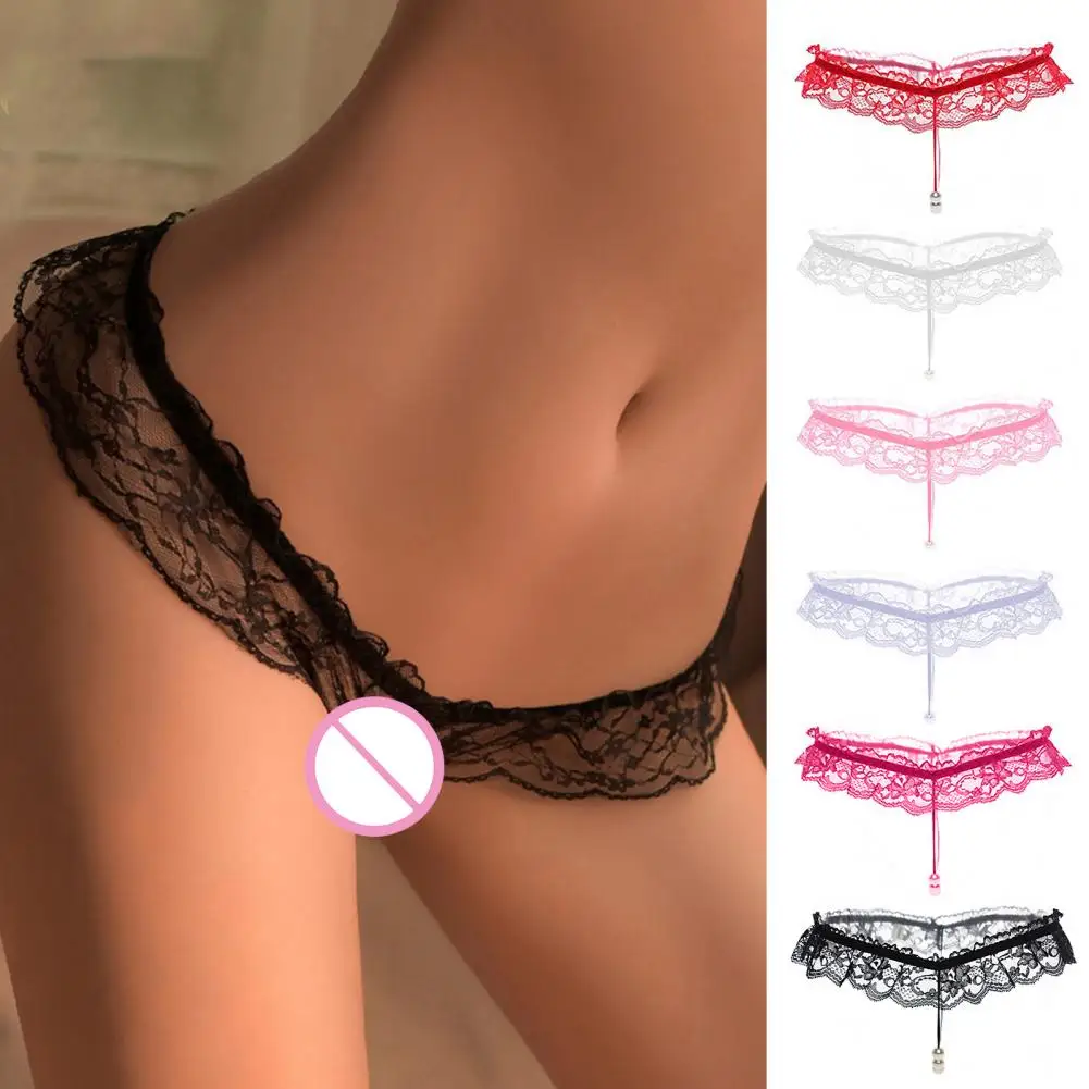 

Women G-string Panties Lace Solid Color Faux Pearls Inside Wear Female Sexy Hollow Out See Through Panties lenceria femenina