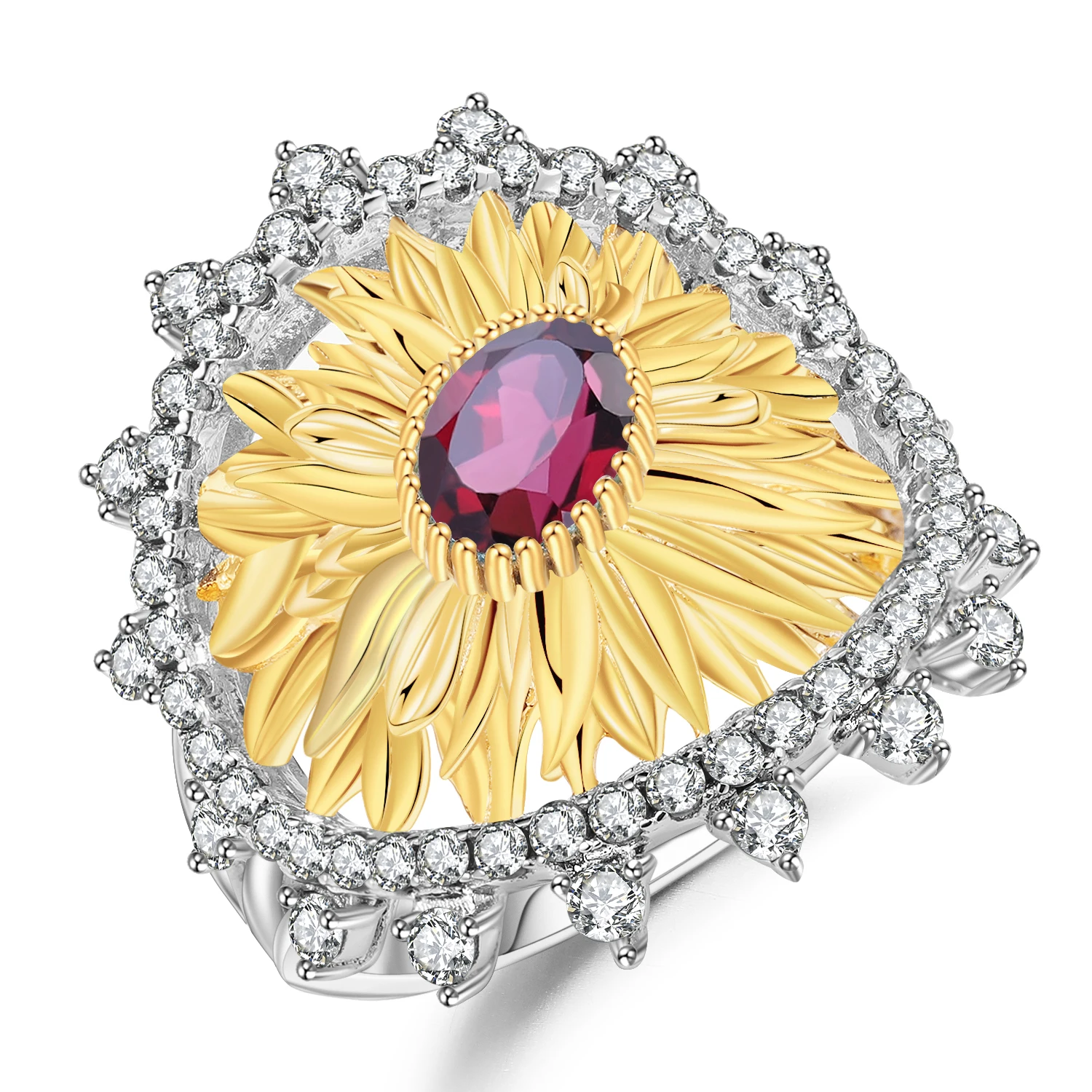 

C7614 Abiding 925 Sterling Silver Fashion Female Handmade Ring Natural Rhodolite Garnet Sunflower Rings for Women