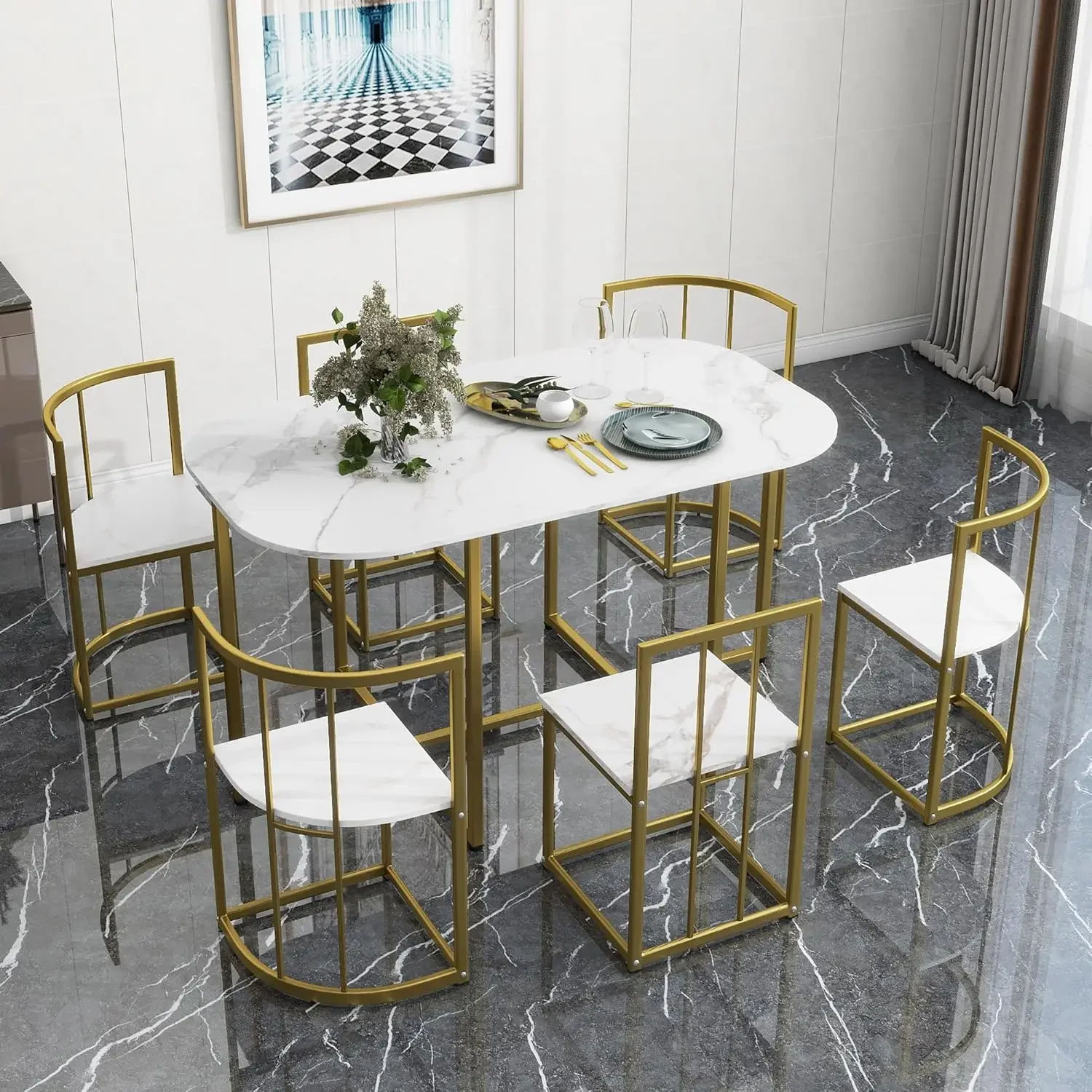 7 Piece Kitchen Dining Table Set for 6 Faux Marble Dining Table Set Modern Industrial  Room Table Set Dining,dining room sets