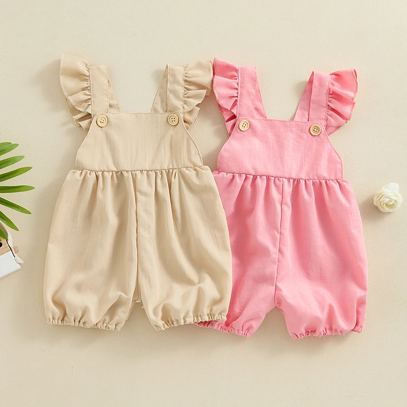 

Toddler Baby Girl Summer Solid Color Ruffle Flying Sleeveless Romper Jumpsuit Pullover Button Trouser Outfit Clothes Tracksuit