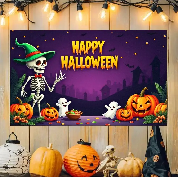 VIKAMA Happy Halloween Skeleton Tapestry Witch Pumpkin Haunted House Aesthetic Decor