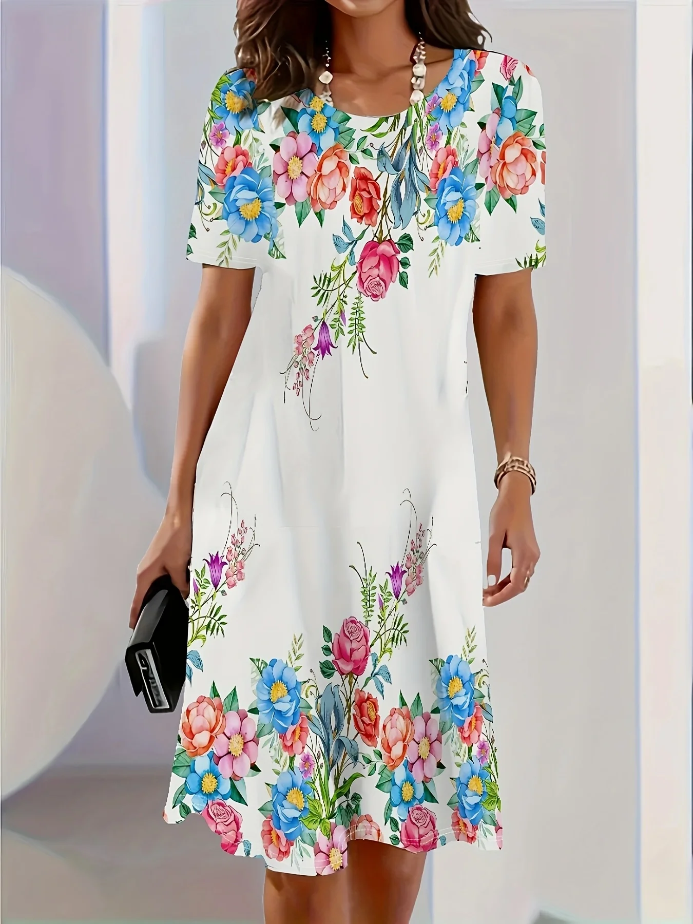 Women'S Floral Print Short Sleeve Mini Dress Casual Loose Fit Summer Dress with Vibrant Flowers Perfect for Streetwear Y2k Cloth