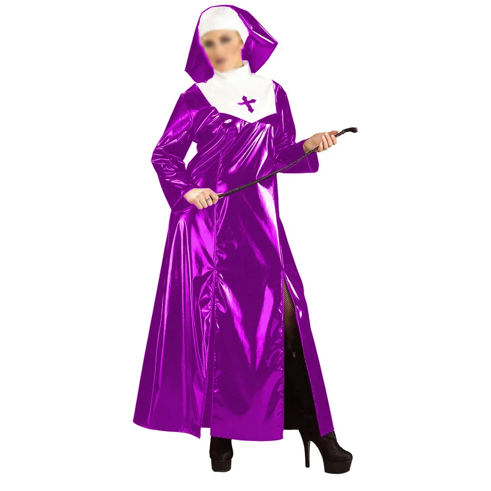 Latex Long Sleeve Dress with Headgear, Exotic Nurse Outfit, Sexy Nun Cosplay, PVC Uniform, Wetlook, Halloween Costume