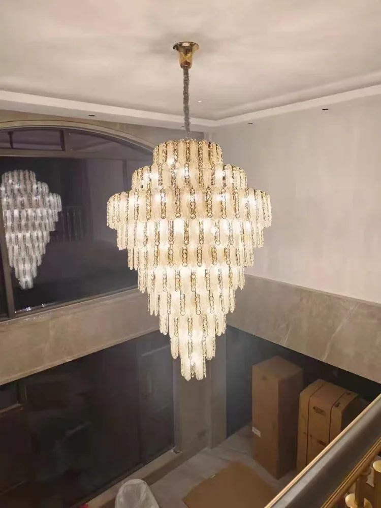Luxury Large Crystal Chandelier High Ceiling Vila Living Room Rose Gold Crystal Pendant Lights Chandeliers Vintage Lighting Lamp