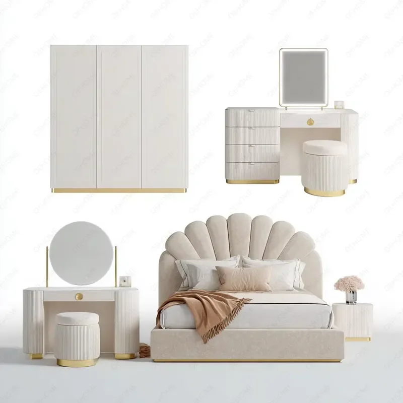 Modern Bedroom Furniture Set MDF Wooden Bed Wardrobe Dresser Side Cabinet Home Decor Villa Style Chic Design Complete Suite