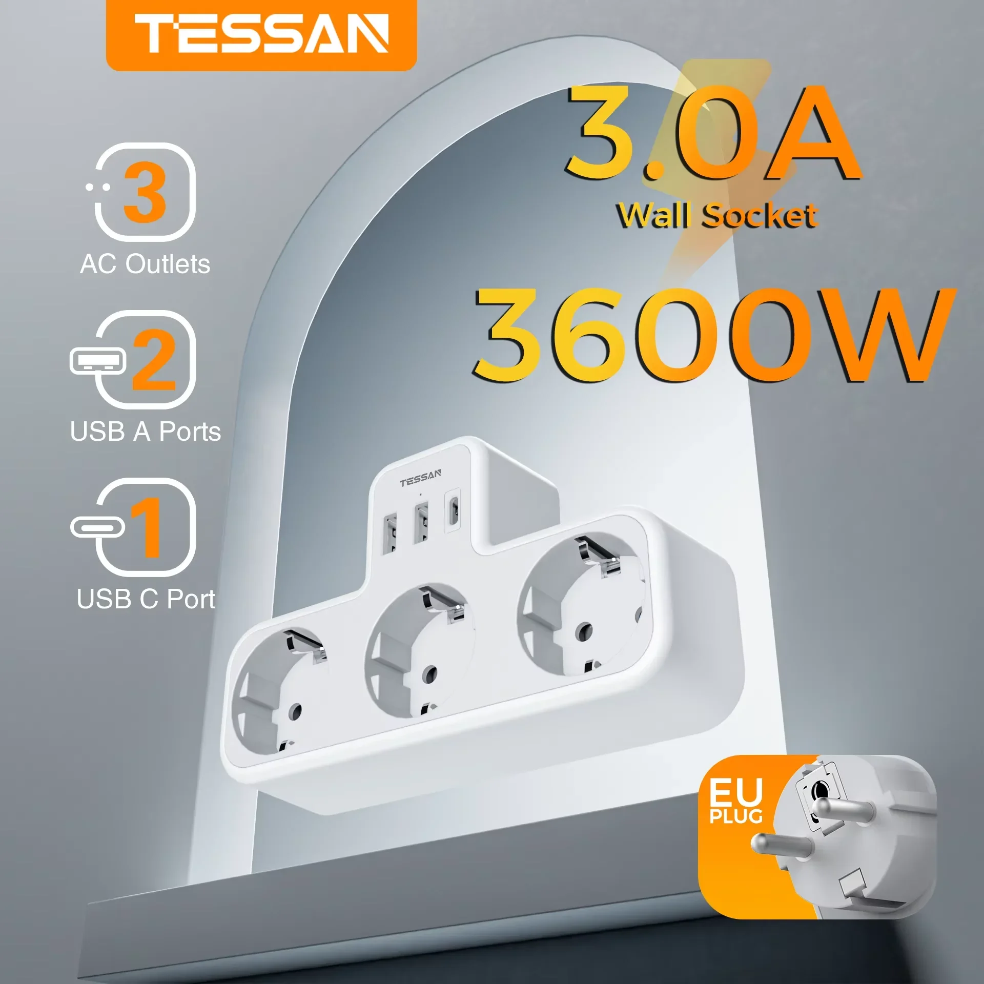 TESSAN USB Multi-Socket Charger with 3 Outlets 2 USB A and 1 USB C Ports 6-in-1 EU Wall Socket with Indicator for Office Kitchen