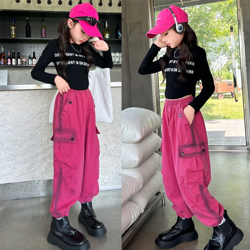 

Children Hip Hop Dance Costumes For Girls Black Crop Tops Pink Cargo Pants Streetwear Kids Jazz Performance Stage Wear DQS17107