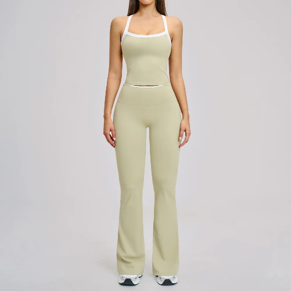 2PCS Women Tracksuit Yoga Suit Sportswear Gym Clothes High Waist Flared Pants Outfit Female Fitness Running Sets Workout Clothes