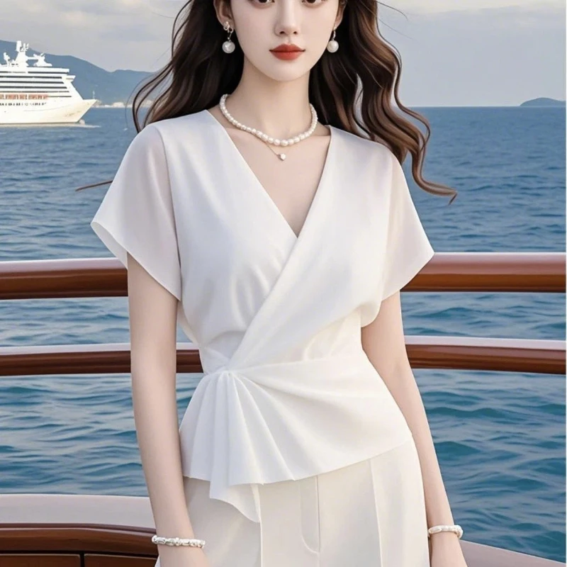 Women's Elegant V-Neck Solid Pleated Chiffon T-Shirt Summer 2026 New Waist Tie Short Sleeve Irregular Top view 4