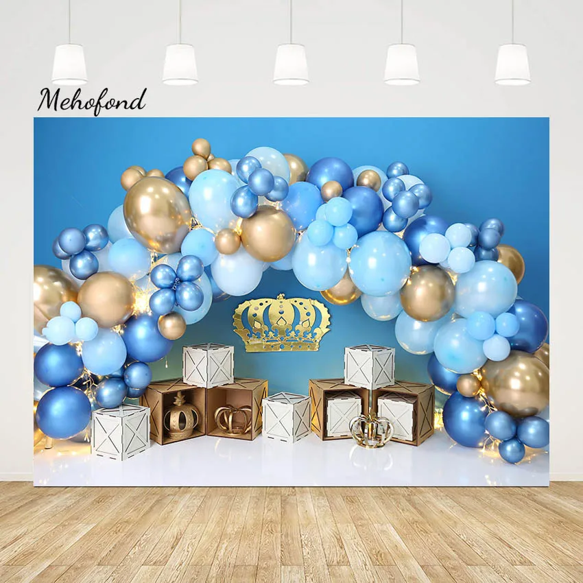 

Mehofond Little Prince Crown Backdrop Blue Gold Balloon Boy Birthday Photography Background Party Cake Smash Decor Photo Studio