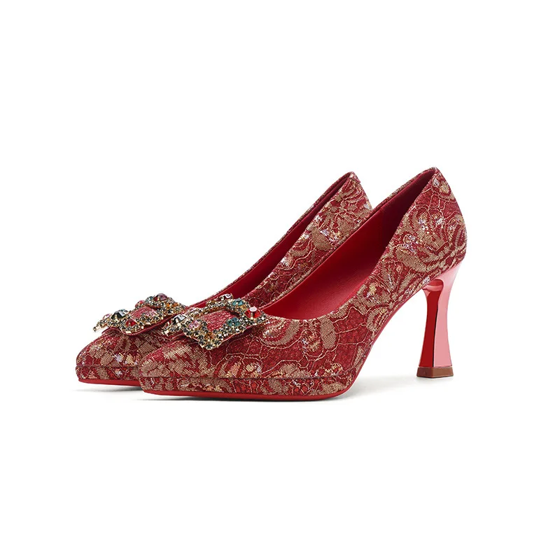 

Bloomsteps, свадебные красные свадебные туфли для пожилых людей, непромокаемые туфли на высоком каблуке с квадратной пряжкой и острым носком, туфли для невесты на шпильке