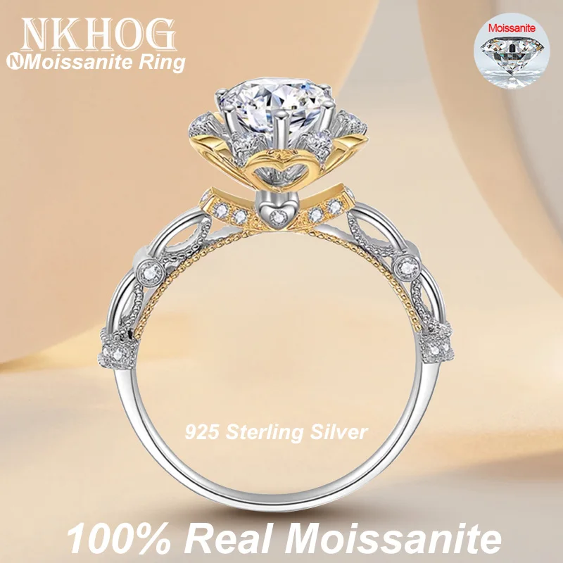 nkhog anel banhado a moissanite para mulheres banda de casamento anel de noivado flor de rosa sem aneis desvanecentes presente de joias finas s925 prata 1ct au750 01