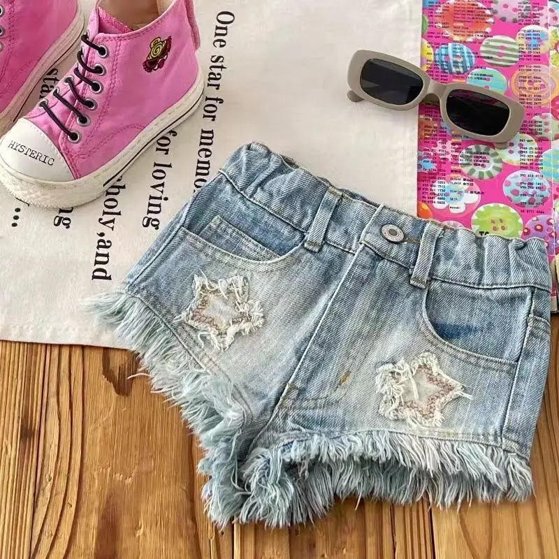 Children's Clothing Retro Summer New Item Niche Girls' Hot Pants Embroidered Denim Fringed Shorts