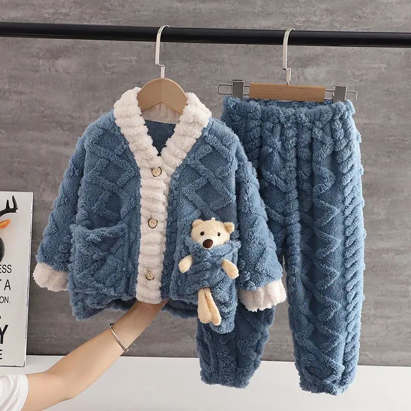 

Children's Winter Thickened Flannel Pajamas Outer Wear Boys and Girls Coral Fleece Warm Loungewear Sets