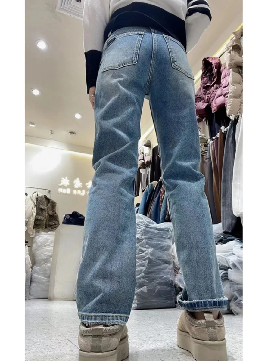 Y2k Women's Jeans Autumn New Narrow Straight Blue Jeans Women's Plus Size Fat Mm Slim Pear Figure High Waist Stretch Pants