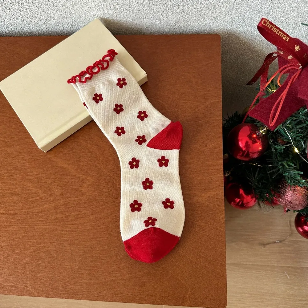 

Plaid Combed Cotton Red Socks Breathable Soft Heart Polka Dot Socks Comfortable Sweet Flower Socks Lunar New Year