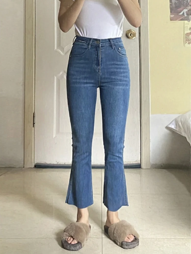 Retro Blue Flared Jeans Women's Large Size Elastic Casual Cropped Horseshoe Pants Trousers Cargo Women Japanese Streetwear