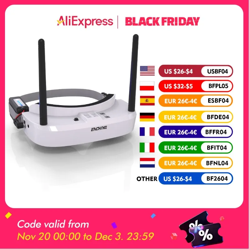 

Eachine EV100 720*540 5.8G 72CH FPV Goggles With Dual Antennas Fan 18650 Battery Case For RC Drone