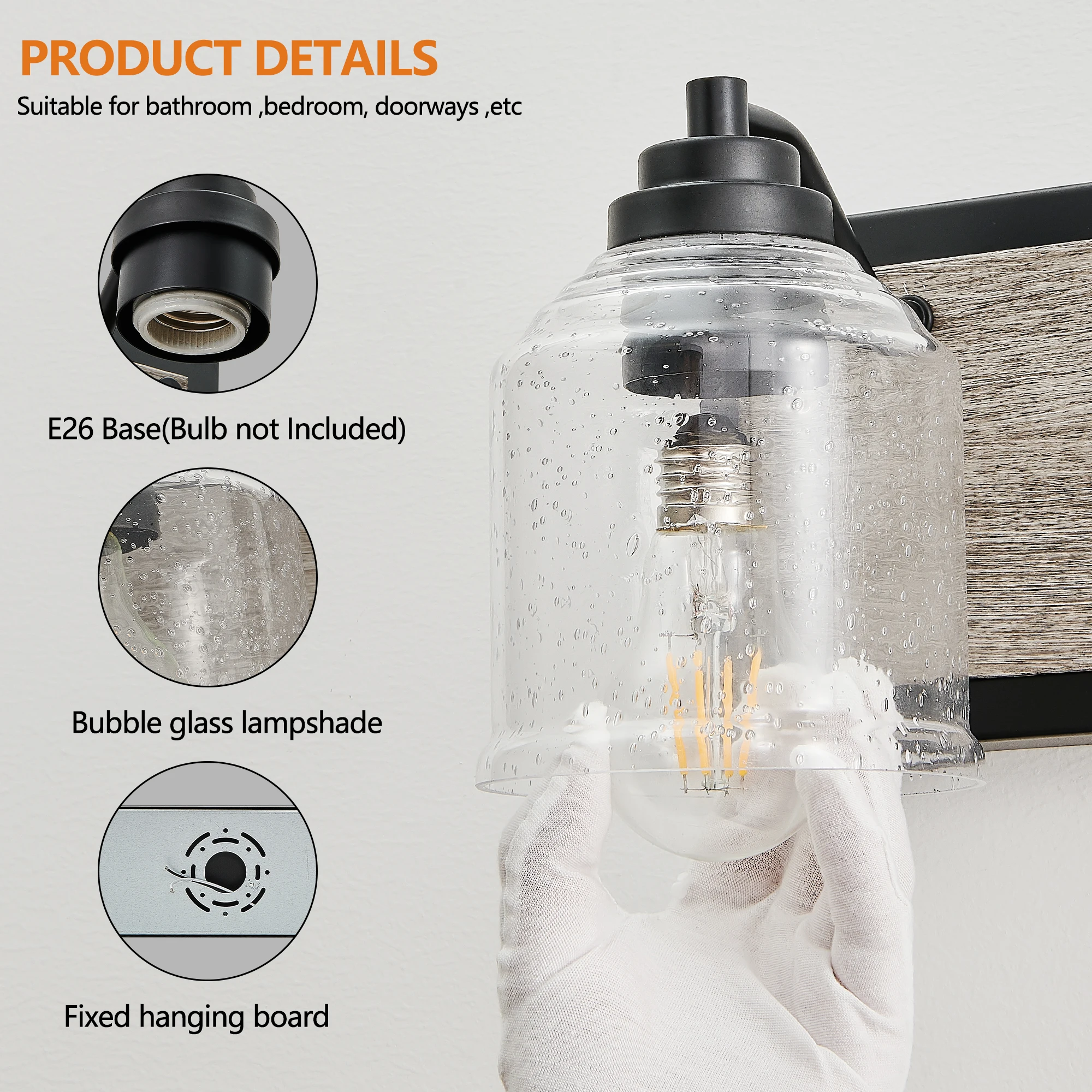 L001019-W3B Front Mirror Light Crystal Lampshade, Rust-Proof and Waterproof, Suitable for Bathroom Vanity, Power Supply Hardwired, Compatible with E26 Light Source, North American Ul Certified, Modern Minimalist Style