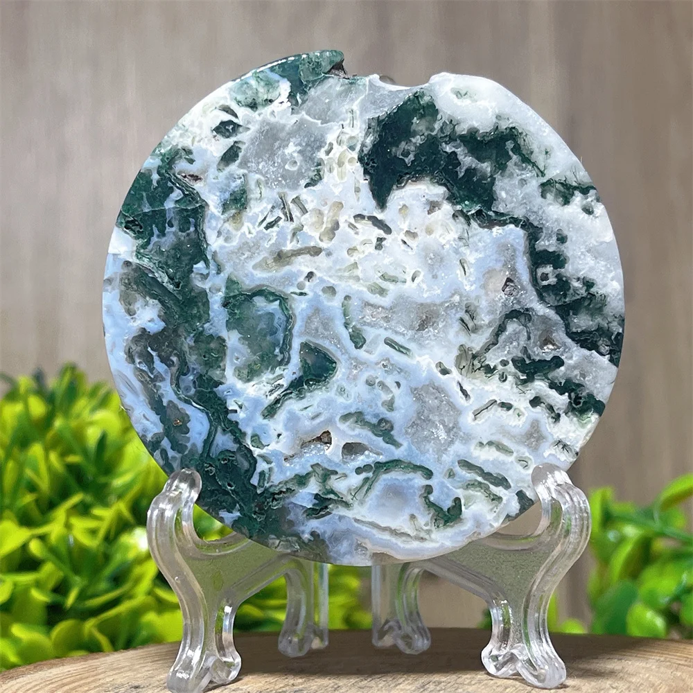Crystal Natural Moss Agate Salb Agate Specimen Stone Quartz Minerals Witchcraft Geode Energy Home Decoration Reiki Healing+Stand