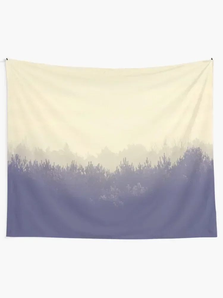 Peaceful Cloudy foggy inspiring zen forest nature landscape in pastel beige and dark gray blue colors Tapestry