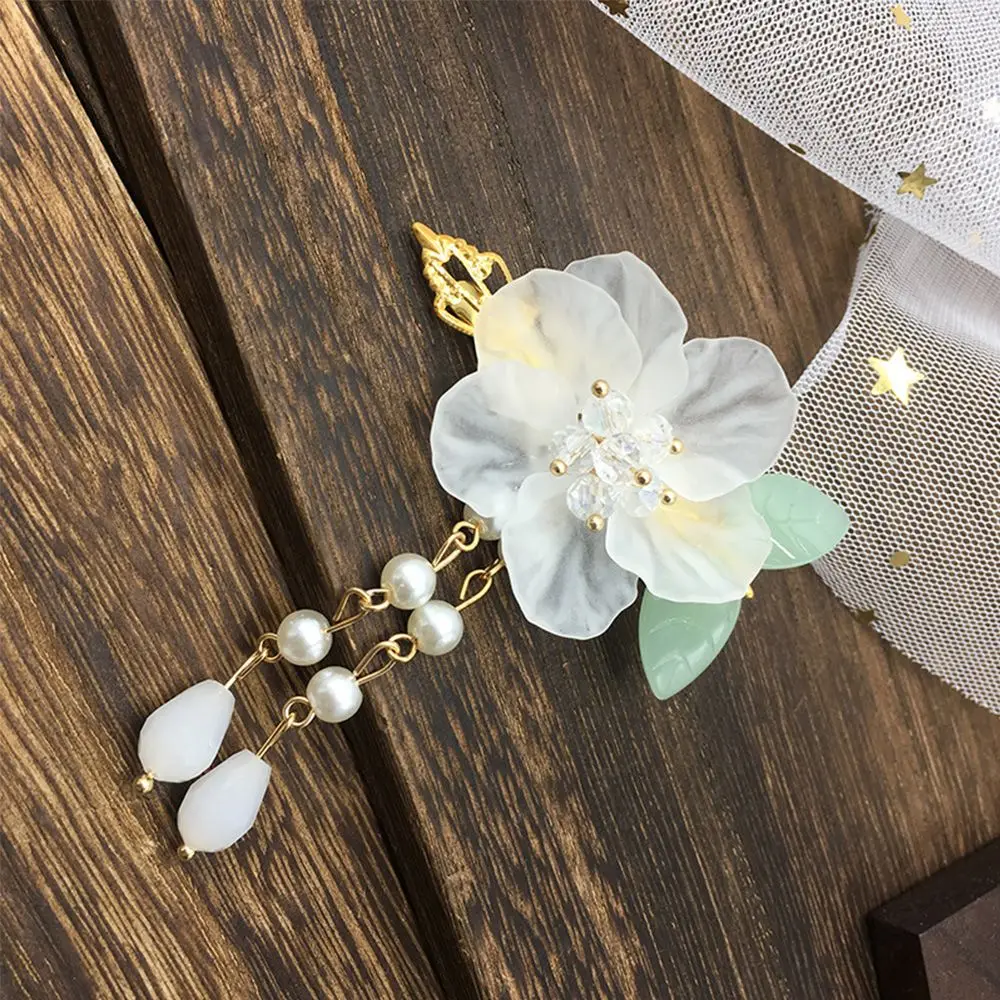 Chinese Style Girls Hair Pin Children Green Leaf Side Clip Wedding Party Duckbill Clip White Crystal Flower Hair Clips